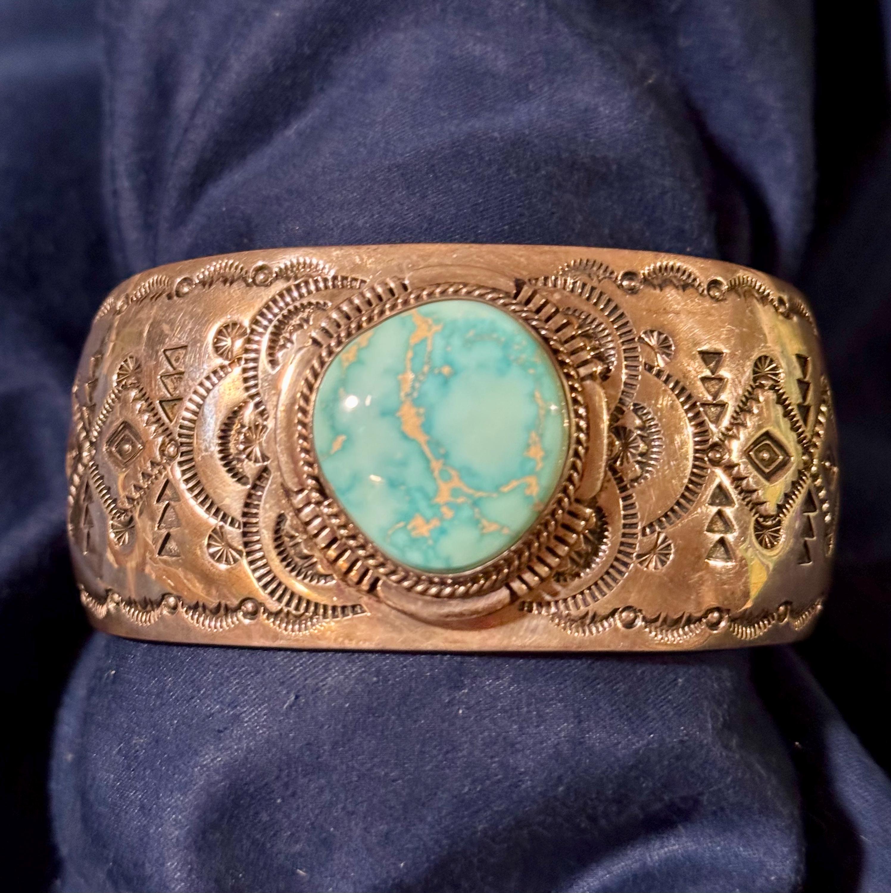 Freddy Charley Sterling Silver Navajo Turquoise Wide Cuff Bracelet