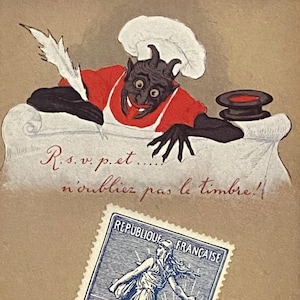 Vintage blank postcard, stamp goblin illustration, Postcrossing correspondence snailmail pen pal scrapbook junk journal nerdy artsy gifts