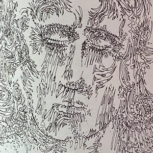 May include: A black and white line drawing of a person's face. The drawing is made up of many small, intricate lines that create a pattern. The drawing is titled "Head" and is 9 inches by 10 inches.