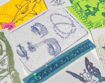 Eccentric art stickers, hand stamped for pen pal, snail mail, junk journal, crafting