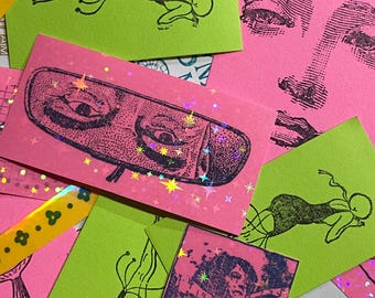 Neon rubber stamp art stickers for pen pals, snail mail, junk journal, crafting, scrapbooks