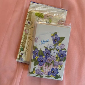 Vintage Thank You cards, French Merci blank violets | set of 6 | cute cottagecore artsy 1990s retro kitschy pen pal swap gifts snail mail
