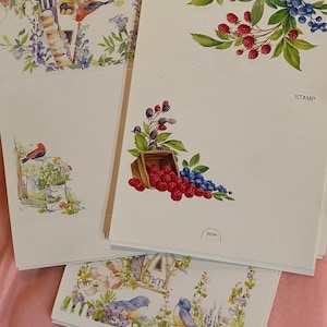May include: A collection of white greeting cards with watercolor illustrations of birds, flowers, and berries. One card features a wooden crate overflowing with red raspberries and blue blueberries. The word "STAMP" is visible on one card.