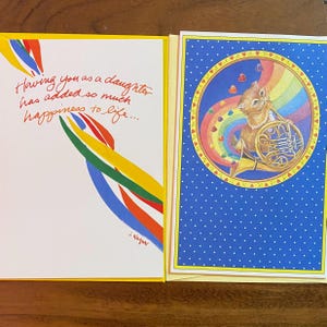 Lot de 2 cartes vintage Happy Birthday, cadavres d'animaux des années 1980 inutilisés | bleu à pois orange chaton cor d'harmonie | papeterie unique, fabriquée aux États-Unis