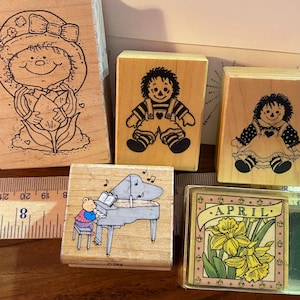 U-PICK mounted rubber stamp, Great Impressions Hero Arts teddy bear piano, tulip and bonnet girl, April birthday gift | used art craft tools