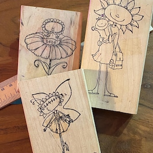 U-PICK Holzstempel, Fleur de Girls von Jan Klein, Stampotique | gebrauchtes Bastelwerkzeug | Feen Sonnenblumen Kunst für Babys