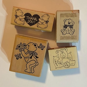 Lot of 4 vintage wood mounted rubber art stamp, teddy bears | used diy tools, junk journal and scrapbook supply, affordable arts and crafts