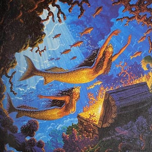 May include: An underwater fantasy scene featuring two mermaids with golden tails and crowns, swimming among coral and fish. A treasure chest glows with light. The artwork is set against a blue background with light rays.