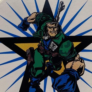 May include: A cartoon illustration of a soldier in a green camouflage uniform with a blue and black glove. The soldier is holding a rifle and is standing in front of a yellow star with a blue and white background.