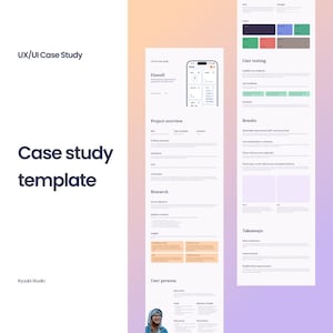 May include: A digital UX/UI case study template featuring a clean layout with sections for project overview, research, user persona, testing, and results. The design includes a mobile app interface mockup, color palettes, and text headers.