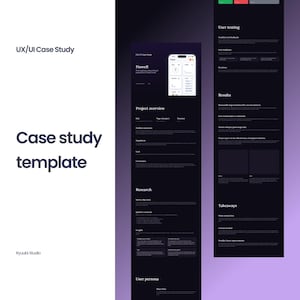 May include: A dark-themed UX/UI case study template featuring sections for project overview, research, user persona, user testing, results, and takeaways. The layout includes a mobile phone mockup displaying a financial app interface titled Finwell.
