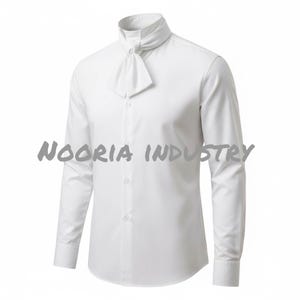 May include: A white long-sleeve shirt with a high collar and attached necktie. The shirt has a button-down front and buttoned cuffs. The text "NOORIA INDUSTRY" is printed across the front of the shirt.
