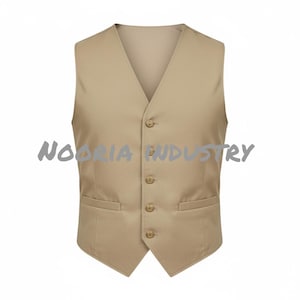 May include: A tan vest with a V-neck, four buttons, and two front pockets. The vest has the text "NOORIA INDUSTRY" printed on the front. The vest is a neutral color and is likely made of a woven fabric.