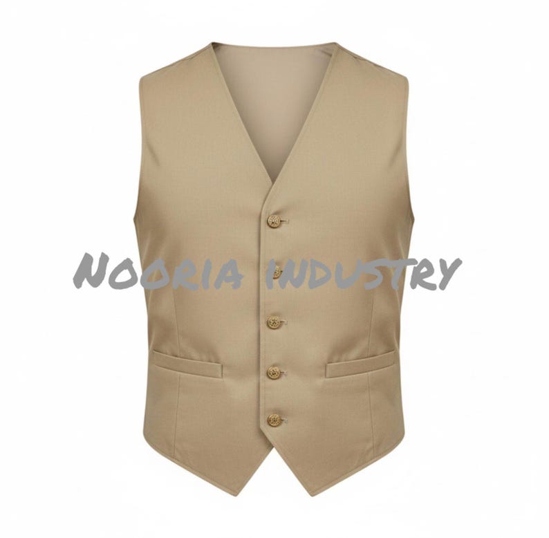 May include: A tan vest with a V-neck, four buttons, and two front pockets. The vest has the text "NOORIA INDUSTRY" printed on the front. The vest is a neutral color and is likely made of a woven fabric.