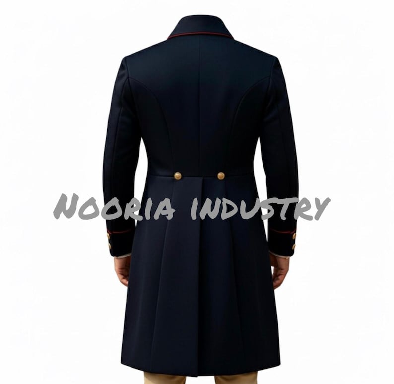 May include: Navy blue long coat with gold buttons and red trim on the collar and cuffs. The coat has a tailored fit and a long, pleated back. The text "NOORIA INDUSTRY" is visible across the bottom of the image.