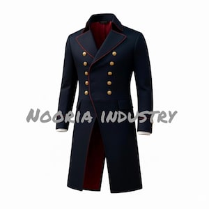 May include: A navy blue double-breasted coat with gold buttons and red trim. The coat has a long, tailored design with a high collar and the text "NOORIA INDUSTRY".