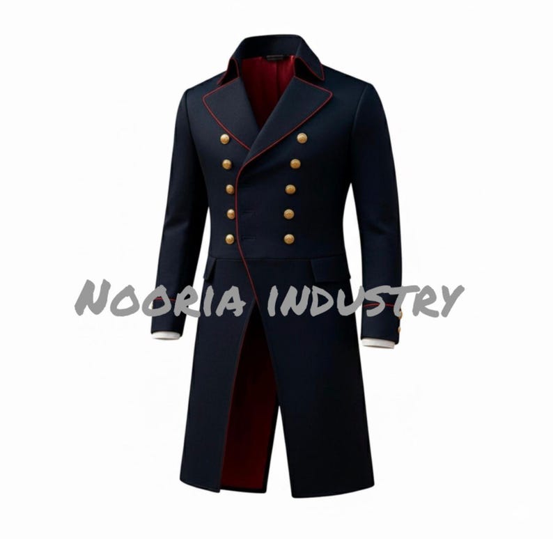 May include: A navy blue double-breasted coat with gold buttons and red trim. The coat has a long, tailored design with a high collar and the text "NOORIA INDUSTRY".