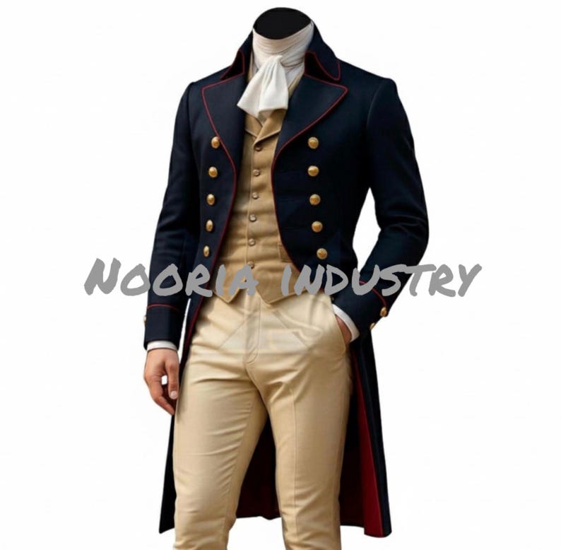 May include: A navy blue tailcoat with red trim and gold buttons, paired with a tan vest and pants. The coat has a high collar and a long, flowing design. The text "NOORIA INDUSTRY" is visible.