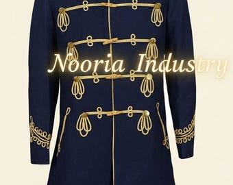 May include: A navy blue military-style coat with gold-colored trim and decorative accents. The coat features a high collar, multiple rows of gold embellishments, and gold detailing on the cuffs. The text "Nooria Industry" is visible on the coat.