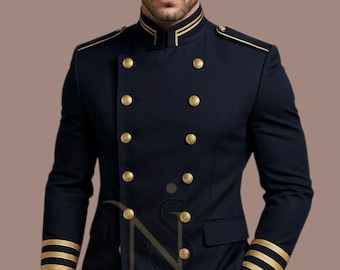 Men’s Navy Military Officer Wool Coat, Vintage Steampunk Double Breasted Captain Uniform Regency Jacket