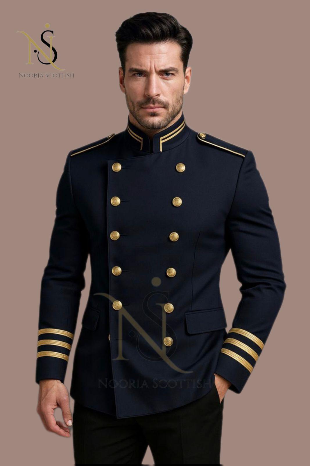 Men's Navy Military Officer Wool Coat, Vintage Steampunk Double