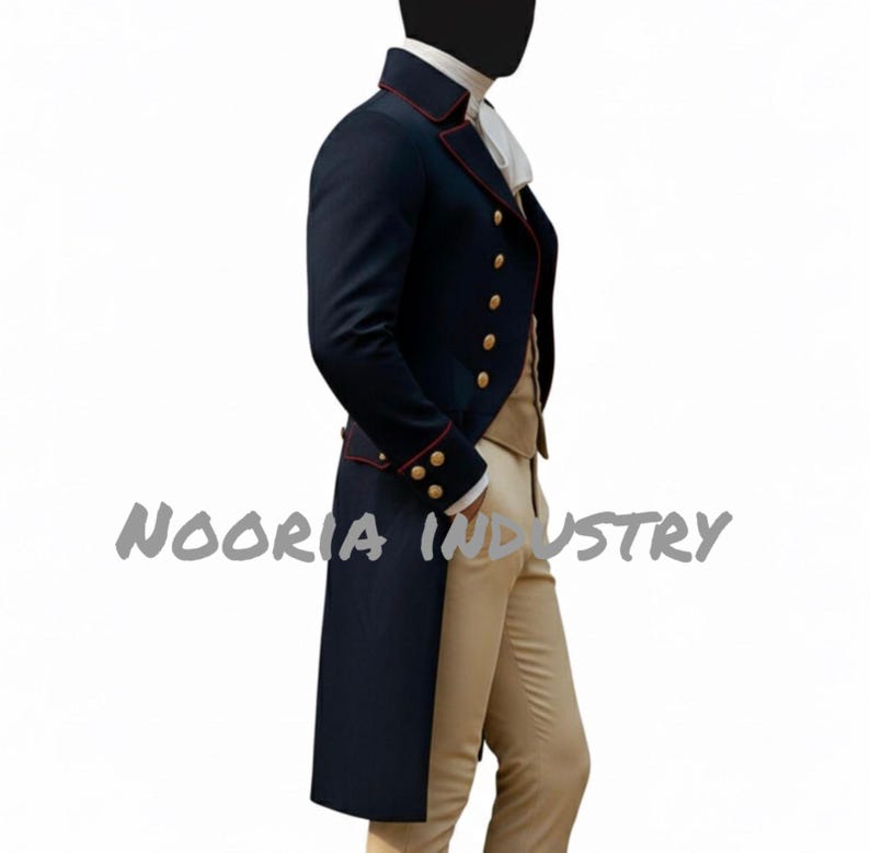May include: A navy blue tailcoat with red trim and gold buttons. The coat has a long back and is paired with a cream-colored vest and tan pants. The text "NOORIA INDUSTRY" is visible.