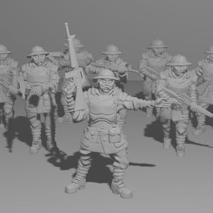 Könnte beinhalten: Eine Gruppe grauer Plastikspielzeugsoldaten mit Helmen und Gewehren. Die Soldaten stehen in einer Linienformation.