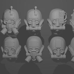 May include: A collection of ten gray, futuristic-style helmets. Each helmet features a respirator, goggles, and various mechanical details. Some helmets have additional features like antennae or side panels, all with a sci-fi aesthetic.