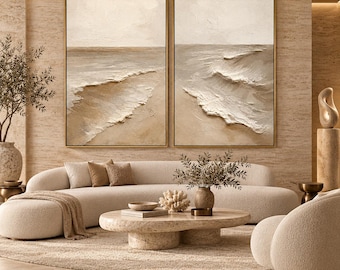 Neutral Ocean Wave Painting Set of 2, Textured Coastal Wall Art, Beige Abstract Seascape Diptych