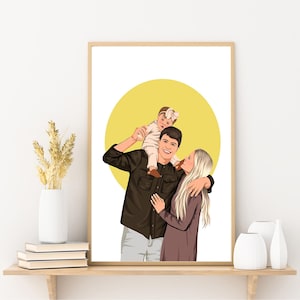 family portrait, custom gift for family, family illustration from photo, family with pet portrait drawing, gift for dad, dad birthday gift