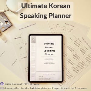May include: A digital tablet displaying the "Ultimate Korean Speaking Planner" with accompanying practice sheets. The planner includes a 4-week guided plan with flexible templates and curated tips. Additional items include a cosmetic product and a small illustrated case.