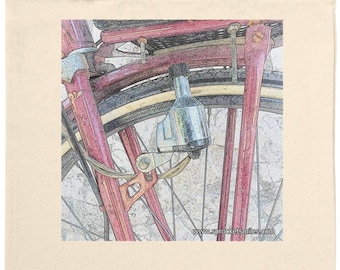 May include: A cream tote bag displaying a detailed illustration of a vintage bicycle. The artwork highlights the rear wheel, frame, and a silver light. The bicycle is predominantly red with black and yellow detailing.