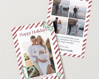 Candy Cane Striped Photo Christmas Card | Custom Hand Drawn Design | Editable Template