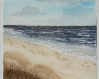 Ocean's Edge – oryginalna akwarelowa scena plażowa z mieniącą się wodą
