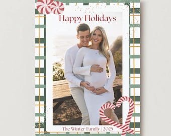 Green Plaid Photo Christmas Card | Custom Hand Drawn Design | Editable Template