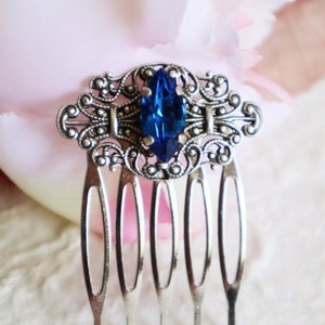 Swarovski Blue  -Victorian style  Silver plated hair comb