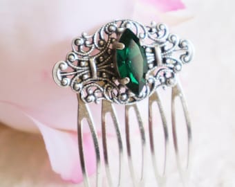 Swarovski emerald  -Victorian style  Silver plated hair comb