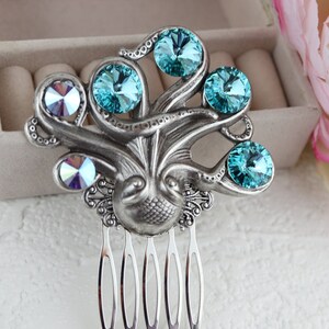 Octopus Vintage large antique silver plated brass highly detailed octopus hair comb with Swarovski crystal