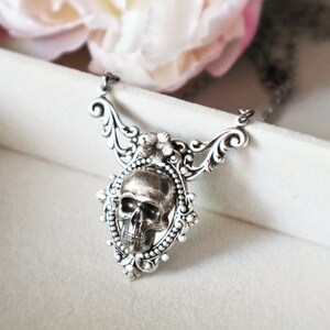 Oxidized silver brass filigree gothic skull necklace