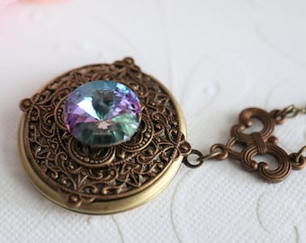 Vintage style Brass locket with Swarovski Paradise shine crystal