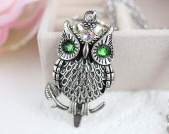 Owl -- vintage sterling silver plated brass Owl necklace with Swarovski crystal