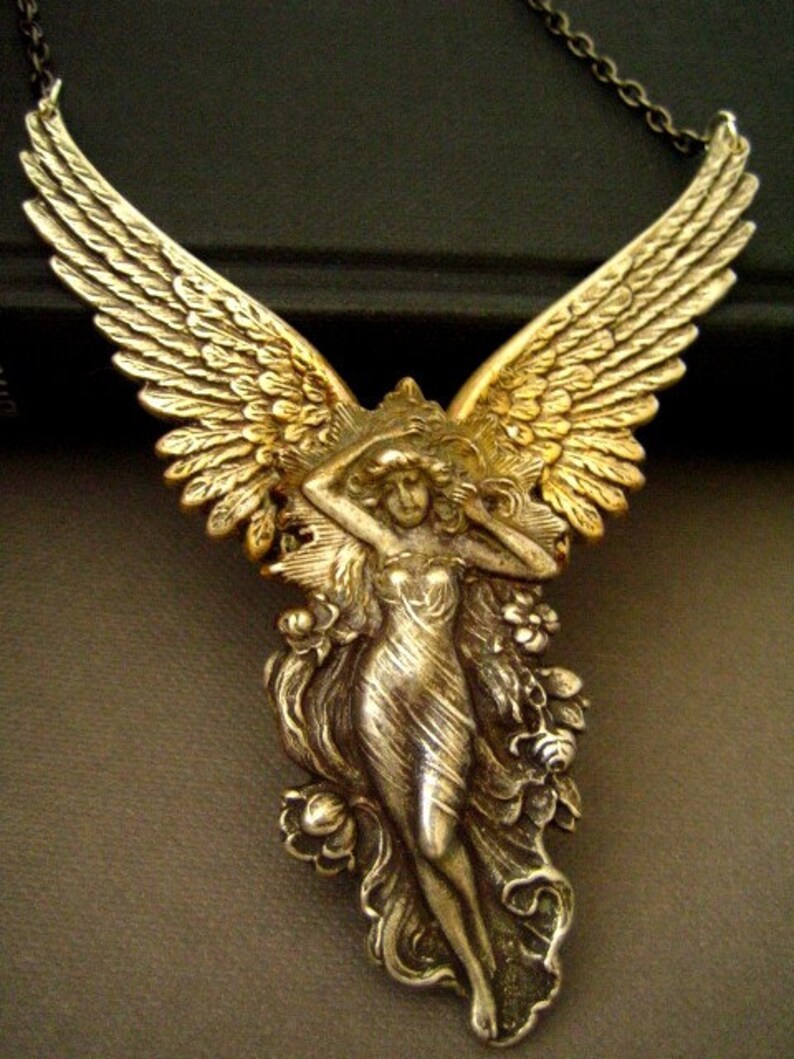 Vintage sterling silver plated brass art nouveau goddess necklace