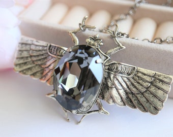 Large vintage oxidized sterling silver plated brass Egyptian Scarab, Vintage West Germany smoky jewel necklace,N247