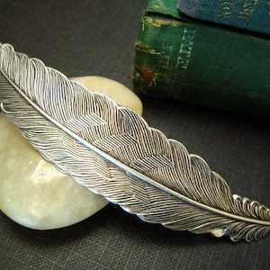 Large / Medium feather barrette in ox antique sterling silver plated brass, French barrette