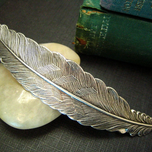 Large / Medium feather barrette in ox antique sterling silver plated brass, French barrette