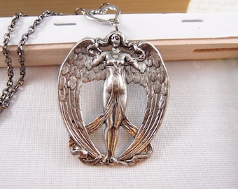 X-large Mythological winged angel necklace, aged silver brass, Victorian, goth,vintage