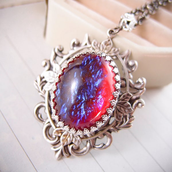 Nebula --Rare Vintage West Germany x-large Dragon's Breath Opal glass jewel aged brass victorian necklace