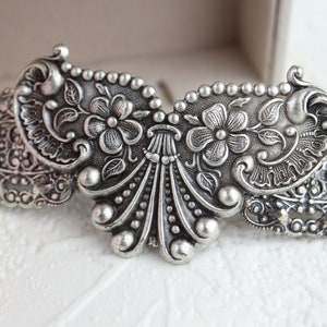Vintage large sterling silver plated solid brass highly detailed Floral Plaque French Hair Barrette