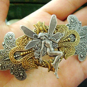 Nymph No.2-- Victorian style Fleur De Lis fairy barrette antique silver brass H005