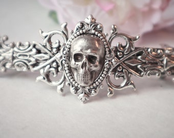 Gothic Skull barrette--antique ox brass--Neo Victorian--One of Kind